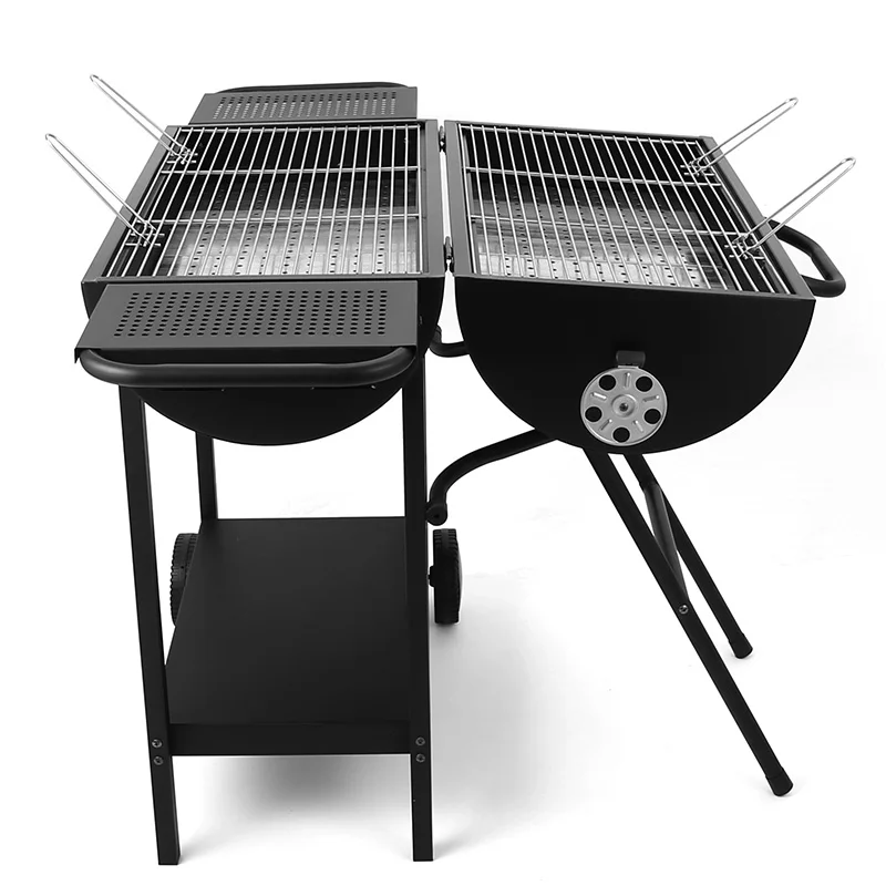 

Trolley Outdoor grill Smoker Double Grid Charcoal Barrel BBQ Grill European BBQ Charcoal Grill