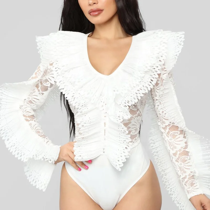 

2019 Most Popular Lace Ruffle V Neck Bodysuit For Women, White/customized