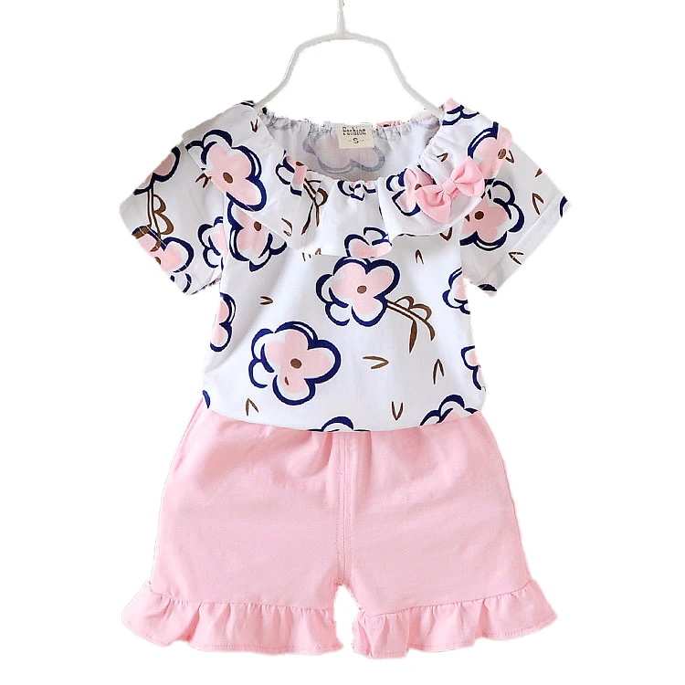 

High quality girls casual ruffle sets 2019 girl white t-shirt&short pants sets summer style children's wear kids clothes