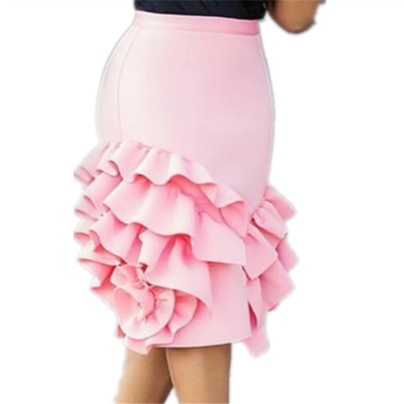 Women Pencil Skirt Pink Ruffle High Waist Slim Female Package Hip Lolita Jupes Bodycon Lady Falads Officewear Elegant Femme 2019