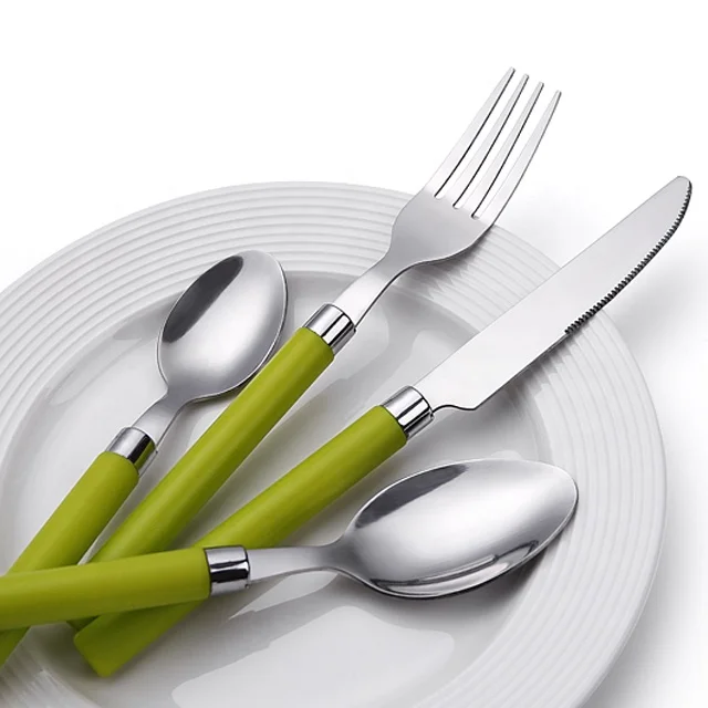 

Luxury Custom Logo Plastic Handle Stainless Steel Reusable Cutlery Sets Spoon Knife Fork Set for Camping Dinnerware