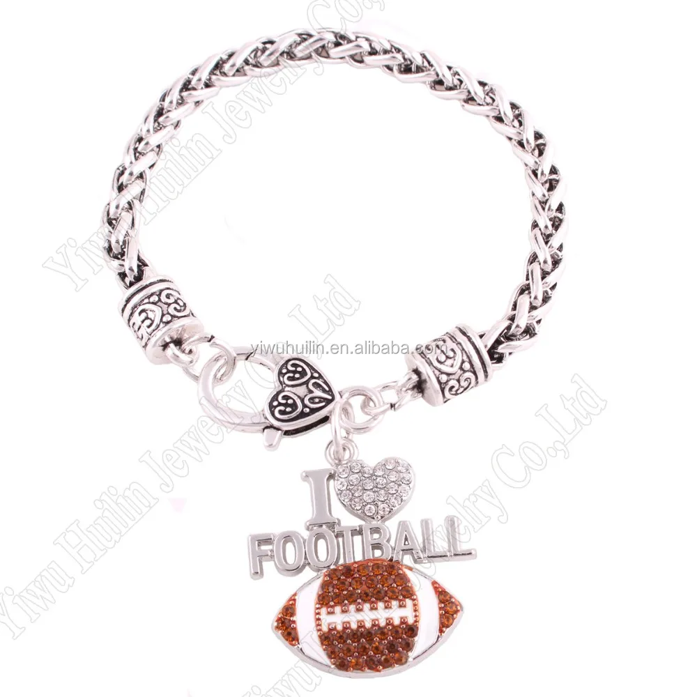 

Fashion I Love Football charm bracelet with orange rhinestones jewelry men sport bracelet