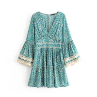 

Blue floral printed flare sleeve v neck elastic waist women summer wholesale bohemian dress