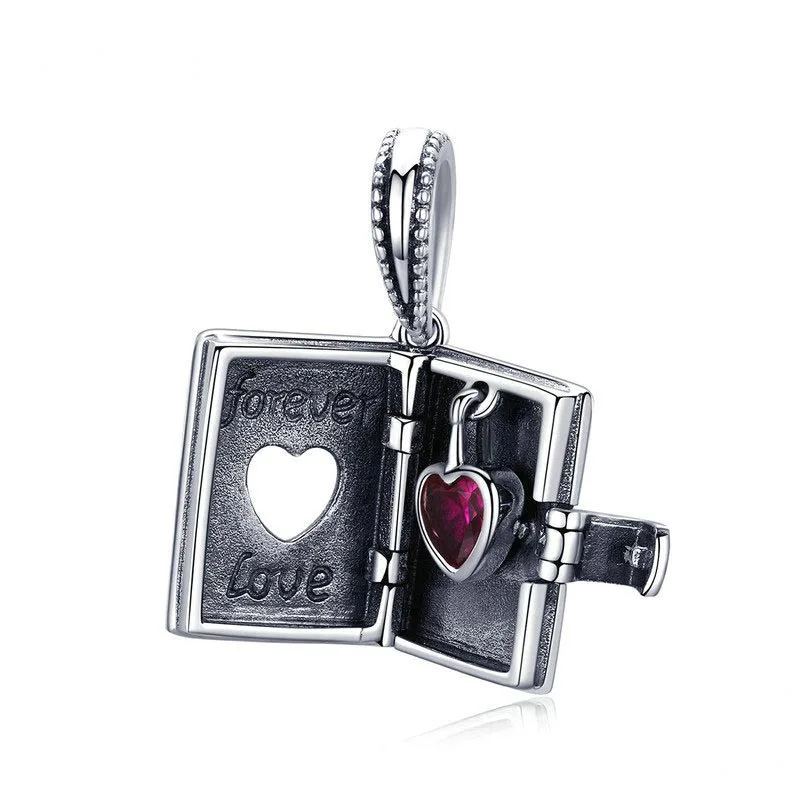 

925 Sterling Silver Forever Love Box Pendant Heart Book Shape Charms Fit Charm Bracelets & Necklace Jewelry BAMOER