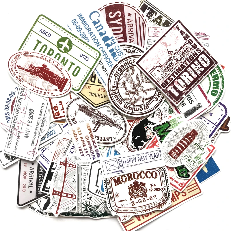 
60 sheets / bag Vintage Stamps Decorative Waterproof Vinyl Stickers Decal for Suitcase Skateboard Travel CASE 