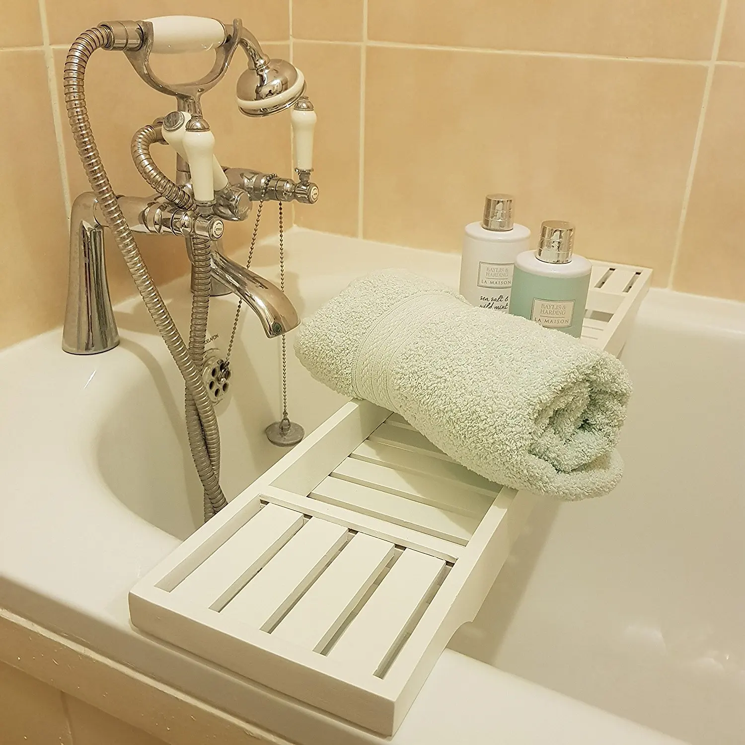 Solid Pine Wood White Bathtub Rack Bridge Bath Caddy Wooden Bathroom