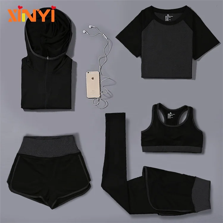 Great Stretch Top Quality Supplex Women Sweat Suit Sets Active Wear Sets Custom Ladies Sports Bra And Pants Yoga Set 5 Pieces