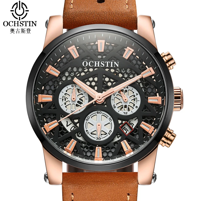 

Ochstin Luxury Brand Men Fashion Wrist Watch Military Date Clock Genuine Leather Strap Sports Chronograph Quartz Skeleton Watch