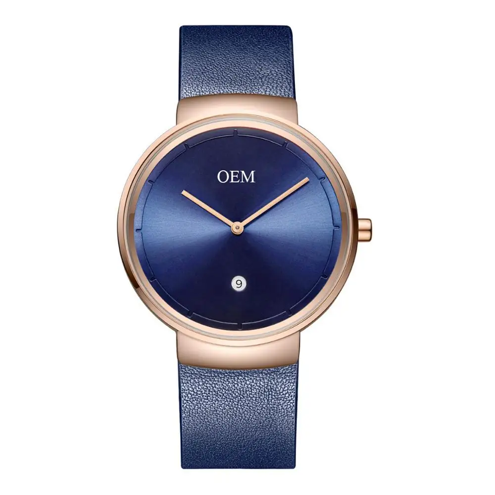 

Vogue OEM Customised Design Watch Genuine Leather Quartz Water Resistant Mens Watch Own Logo Personalized Men Watch Blue