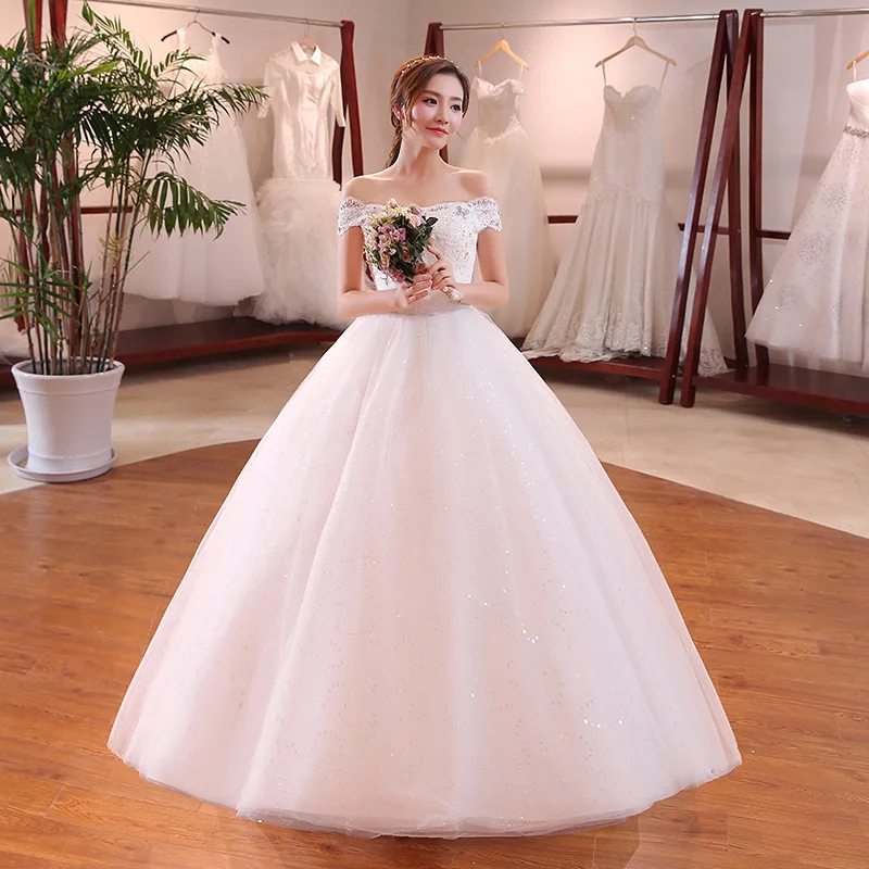 

Summer New Arrival Beaded Lace Floor Length Flat Shoulder ivory Wedding Gown Plus size Wedding Dress, White wedding gown