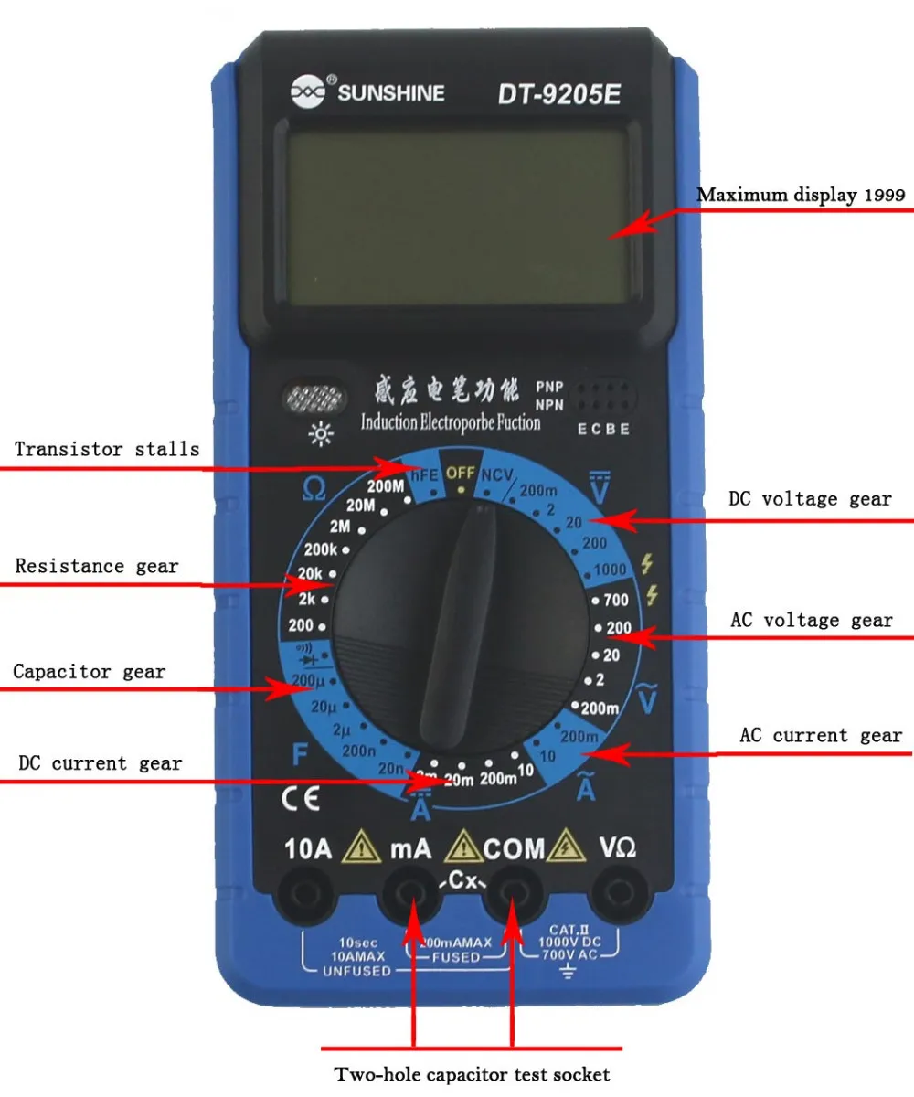 SUNSHINE DT-9205E digital multimeter with Induction electroprobe function