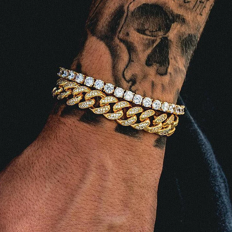 

Luxury Hip Hop Cuban Link Tennis Bracelet Iced Out Lab Diamond 14k Gold Plated, Men Women Chain Bracelet