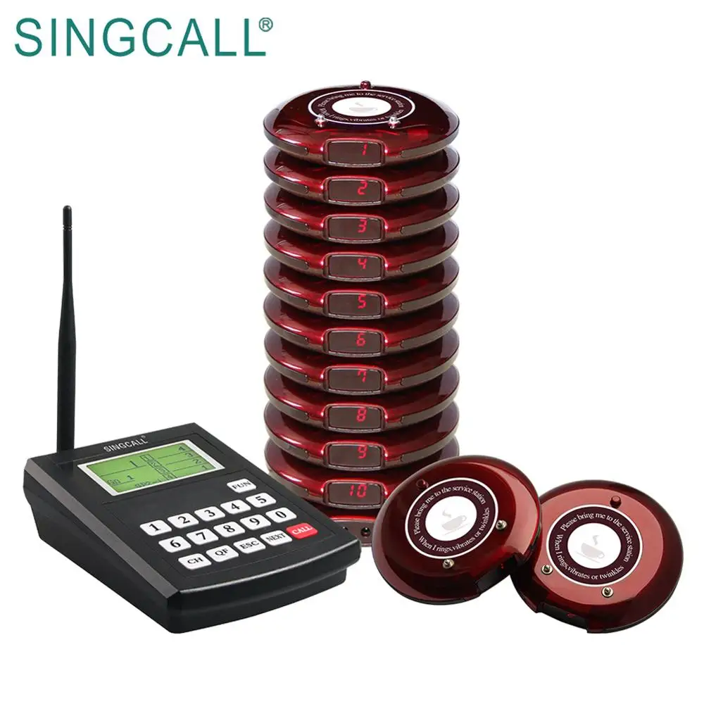 

SINGCALL fashion beautiful restaurant paging system 10 pcs coaster buzzer pagers, Black;red wine