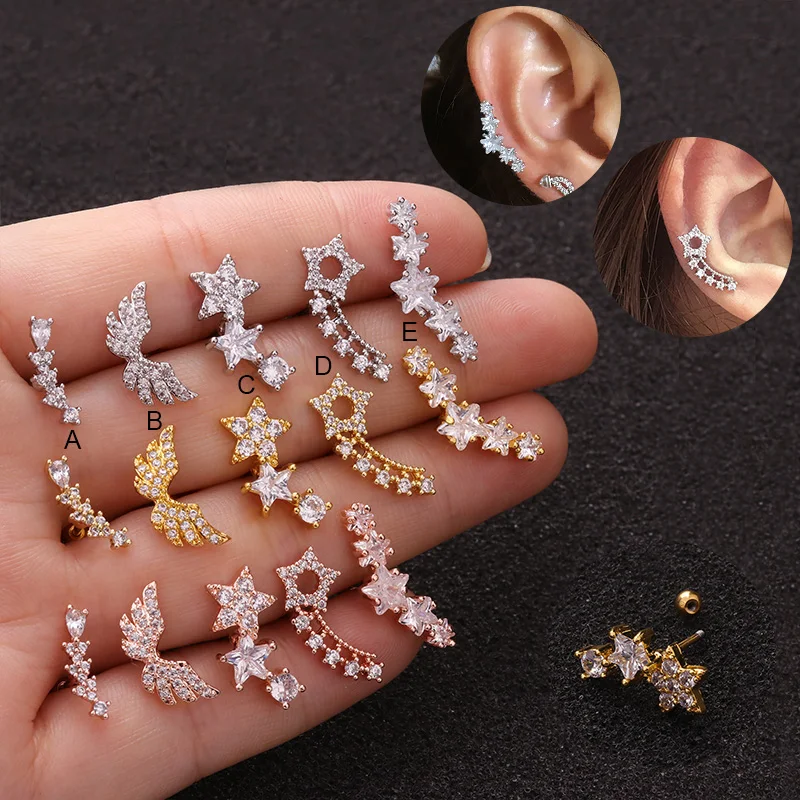 3 Colors 20G Stainless Steel Helix Piercing Jewelry Crystal Star Curved Big Cartilage Earring Rook Lobe Screw Back Stud