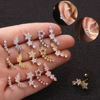 

3 Colors 20G Stainless Steel Helix Piercing Jewelry Crystal Star Curved Big Cartilage Earring Rook Lobe Screw Back Stud