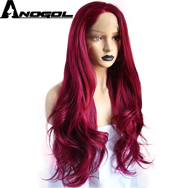 Anogol Hot Sell Red Synthetic Lace Front Wig Body Wave Perruque Wigs