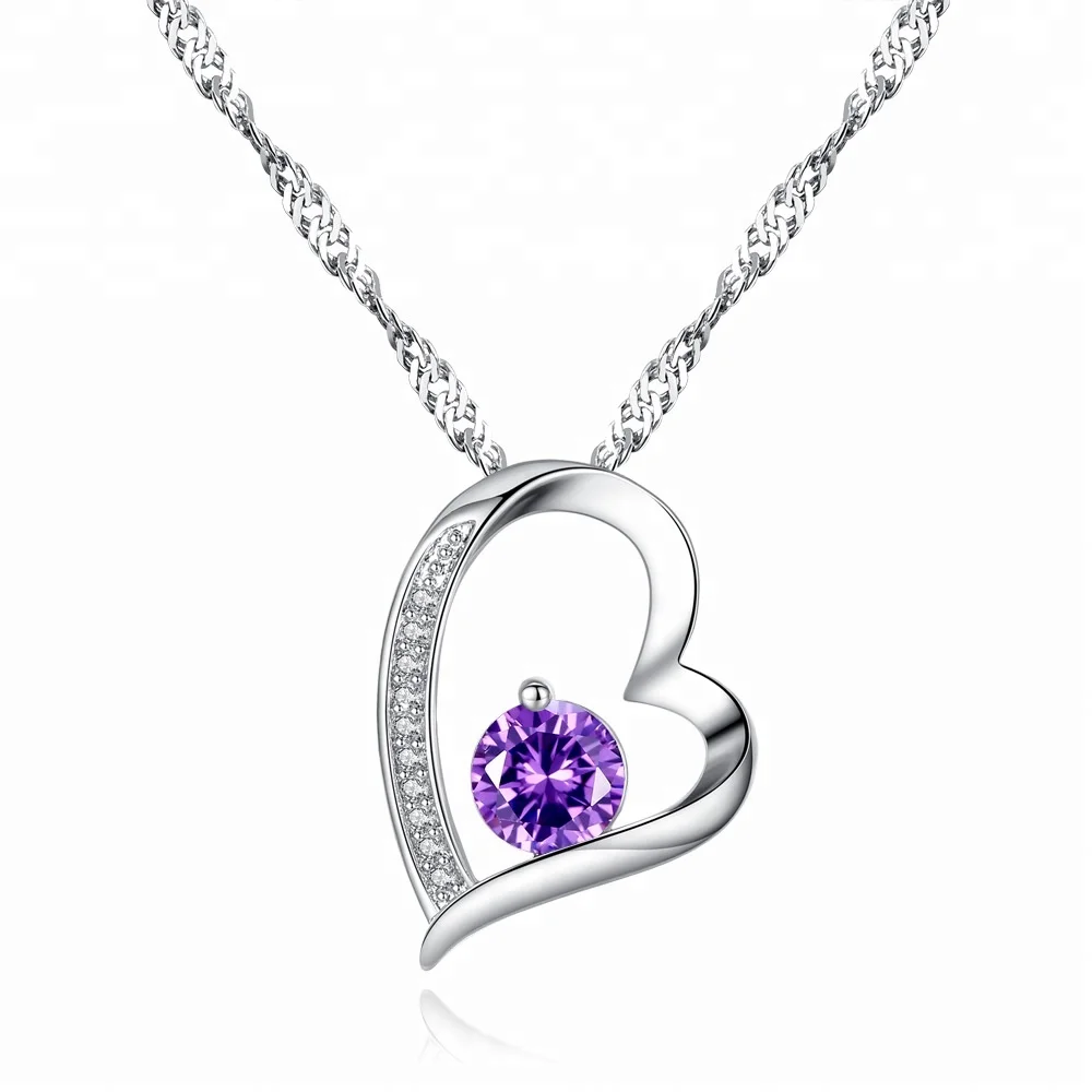 

Heart Necklace With Silver Chain 925 Sterling Silver Necklace, White, purple