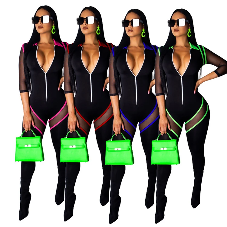 A050787 sexy patchwork mesh transparent  club wear one piece zipper jumpsuit woman