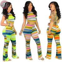 

9060528 queenmoen hot sale summer fashion stripe bandage top flare pants two piece jumpsuits for woman