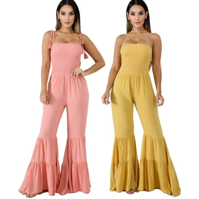 

Europe and the United States hot women's sexy sling strapless lotus leaf big trumpet jumpsuit at4425