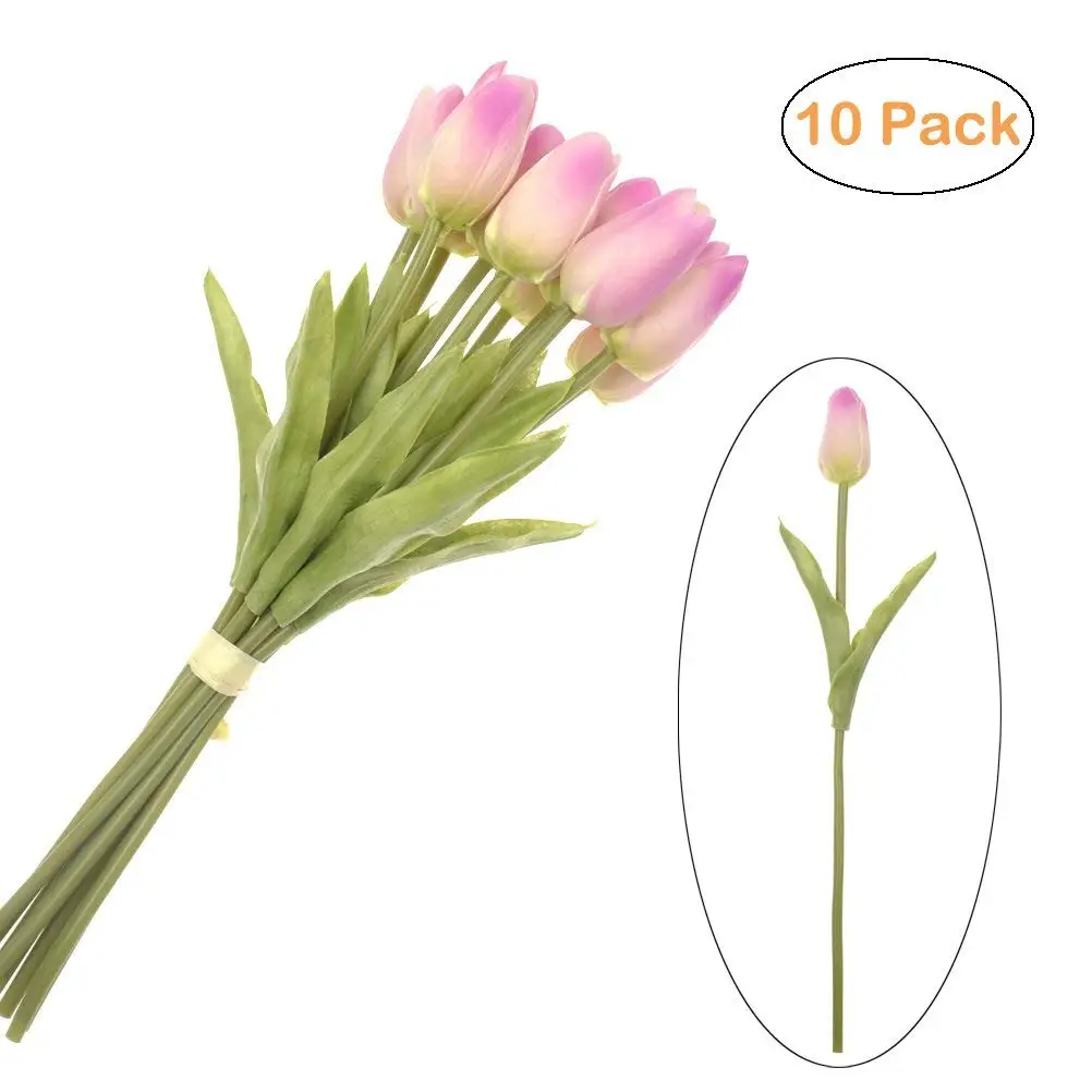 Pink SC 30 SHINE-CO LIGHTING Single Stem Real PU Touched Faux Tulips Flowers 10 Pcs Arrangement Bouquet with Glorious Moral for Home Office Wedding Parties