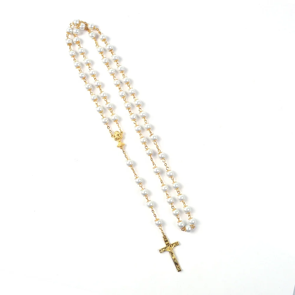 

Religious Gold Plated Pearl Stitches 8mm Glass Beads Rosary Necklace With Pendant Cross
