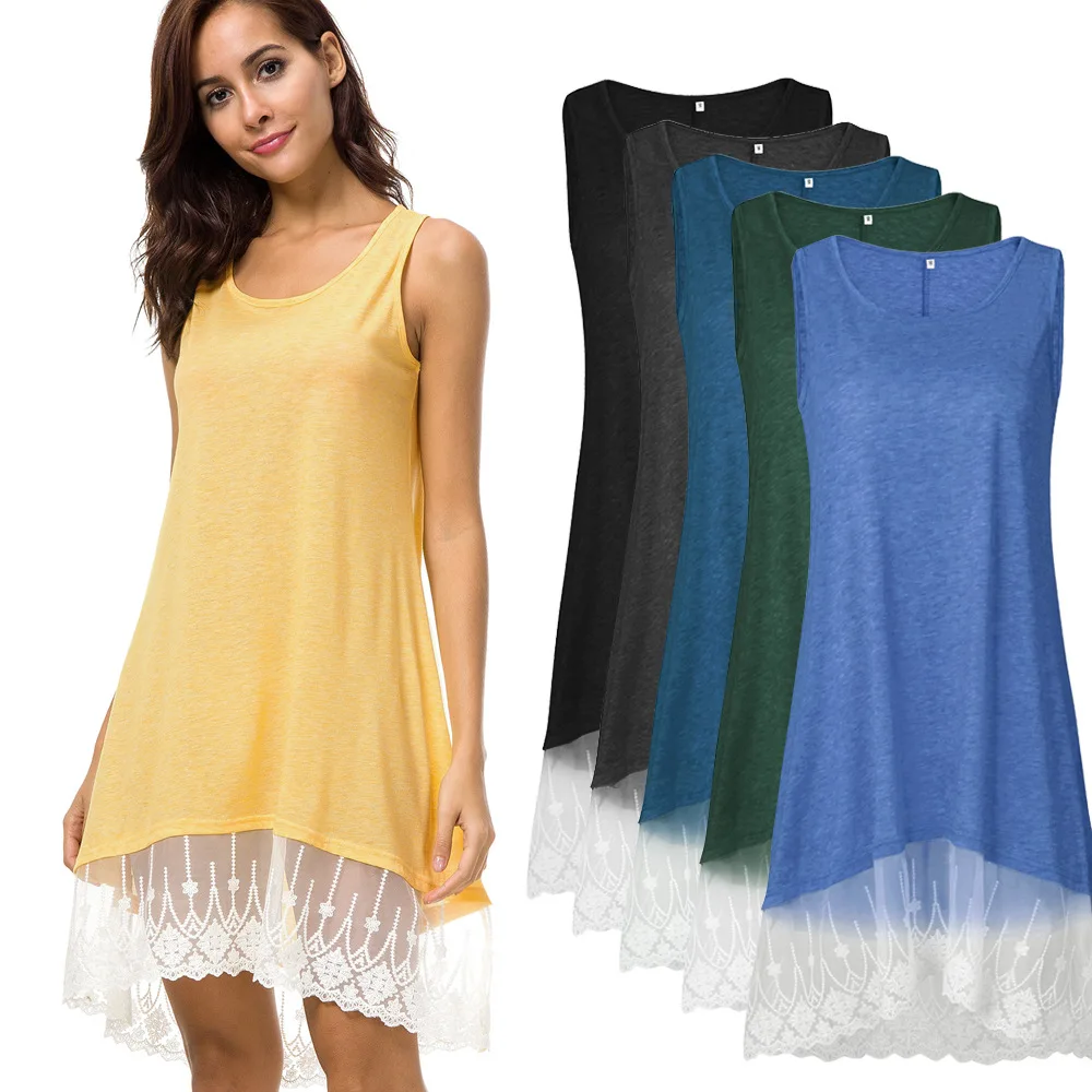 

Hot Sale Alibaba Dress Women's Casual Lace T-shirt Dress 2018 Summer Sleeveless, Blue.black.green.yellow.dark gery