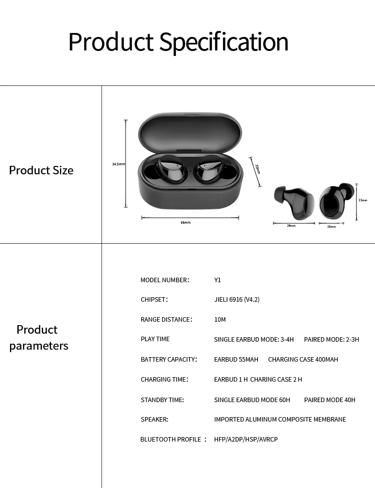 True Waterproof Earphones Y1 HD Stereo Sound Easy Pairing Bluetooth Headphones with 550mAh Charging Case for iOS and Android