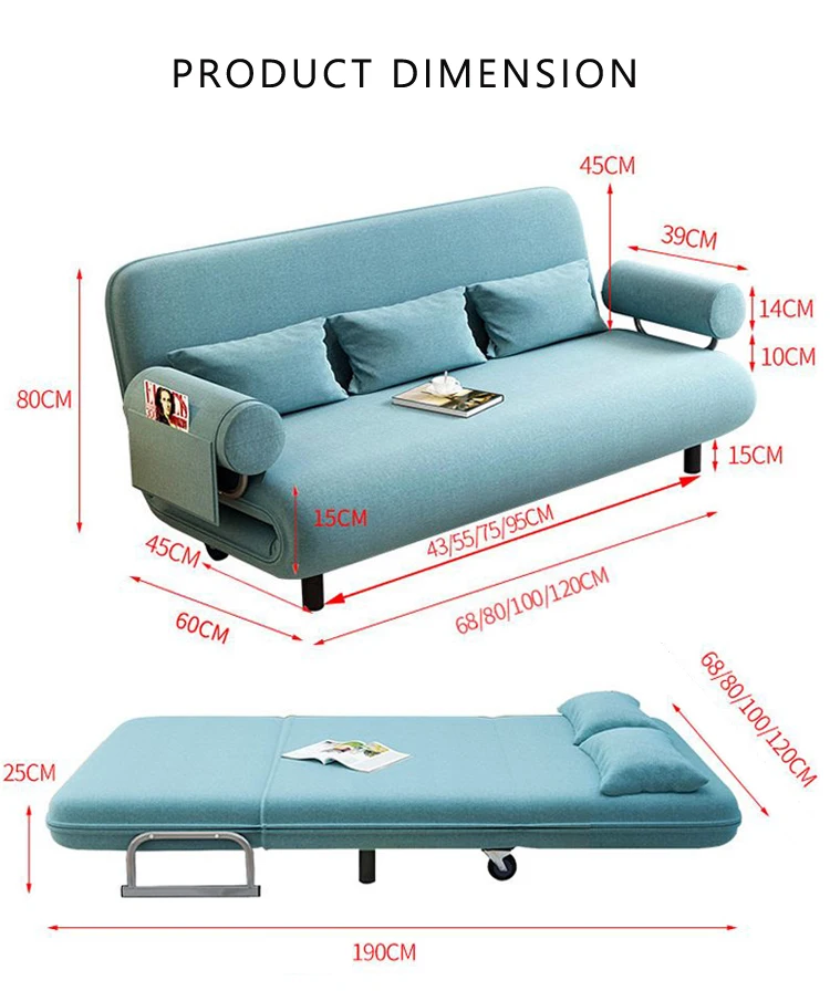折叠客厅使用织物双尺寸面料沙发床