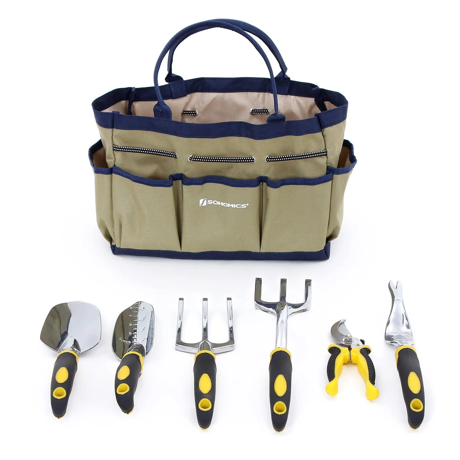 SONGMICS 9 Piece Garden Tool Set Includes Garden Tote and 6 Hand Tools Heavy Duty Cast-aluminum Heads Ergonomic Handles UGGB31L