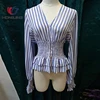 lady stripes deep v- Long Sleeves Casual Shirt front button closure smock waist and cuffs A-line casual evening holiday evening