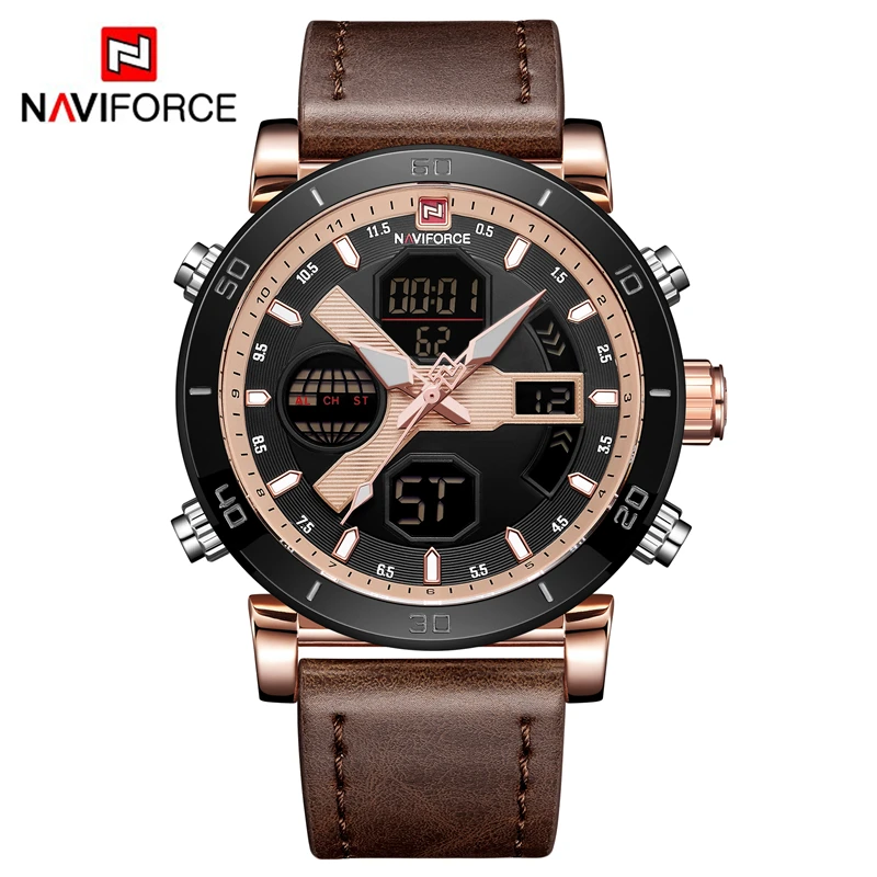 

NAVIFORCE Brand 9132 Men's Watches Sport Military Dual Display Leather Watch Round Waterpoof Multifunction Wristwatch