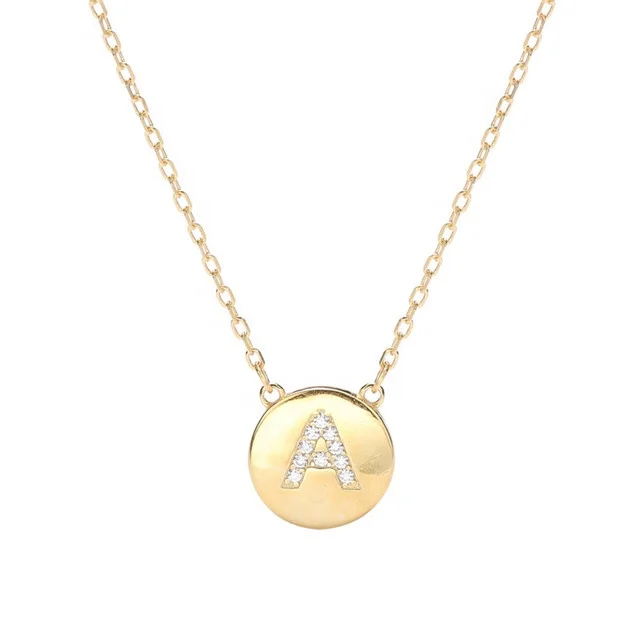 

Free Shipping Jewelry United States Letter A Round Gold Pendant 925 Sterling Silver Letter Necklace