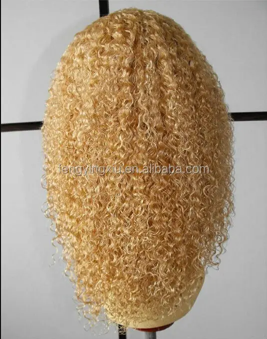 

top quality 100% brazilian remy human blonde color kinky curl full lace wig, Blonde color24#