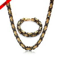 

wholesale manufacturers dubai stainless steel 18k gold and black plated necklace bracelet chains byzantine jewelry set for mens