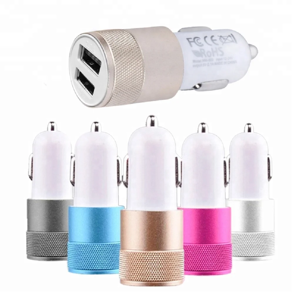 

Hot Seller 2.1A Metal Dual Usb Car Charger Wireless Charger Car for Mobile Phone, Black silver gold blue pink