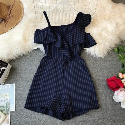 

OEM Factory Korean Women One Shoulder Striped Wide Leg Short Jumpsuit