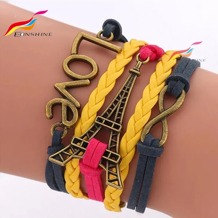 

Wholesale leather bracelets, men leather bracelet infinity love cross charms multy layer strand waxed cord leather bracelets, Various colors available