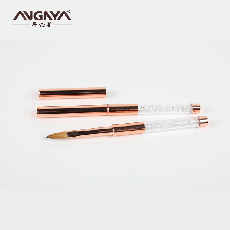 

High Quality Custom Logo Rose Gold White rhinestone Acrylic Brush 100% Pure Kolinsky Hair Nail Brush