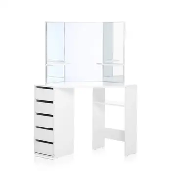 Corner Dressing Table Mirror Set Wooden Vanity 5 Drawers Makeup