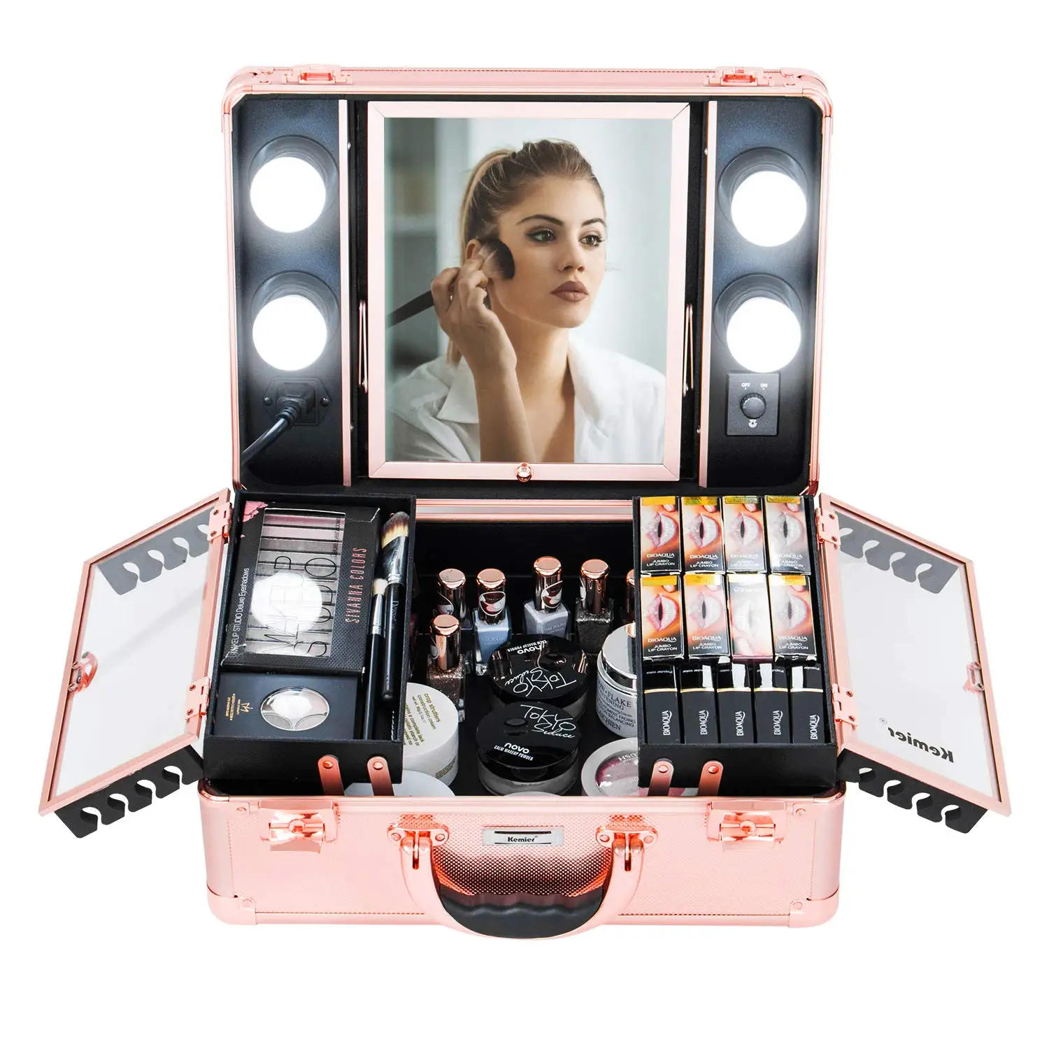 Kemier Makeup Train Case - Cosmetic Organizer Box Makeup Case with Lights and Mirror / Makeup Case with Customized Dividers / Large Makeup Artist