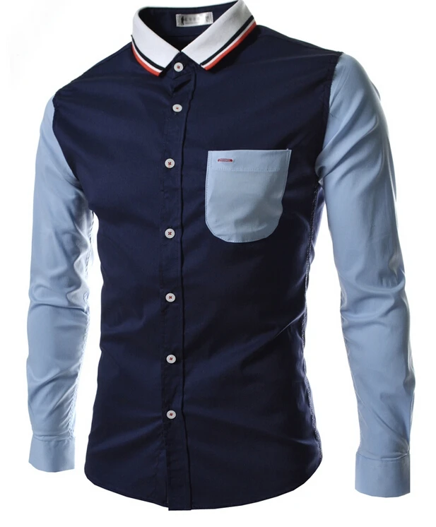 

Mens Spring Stitching Knitting Long Sleeve Casual Shirt With Pocket, White,navy