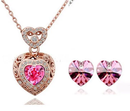 

Rose gold plated / Platinum Plated Vintage hollow heart-shaped crystal necklace Earring Sets Wedding jewelry wholesale, N/a