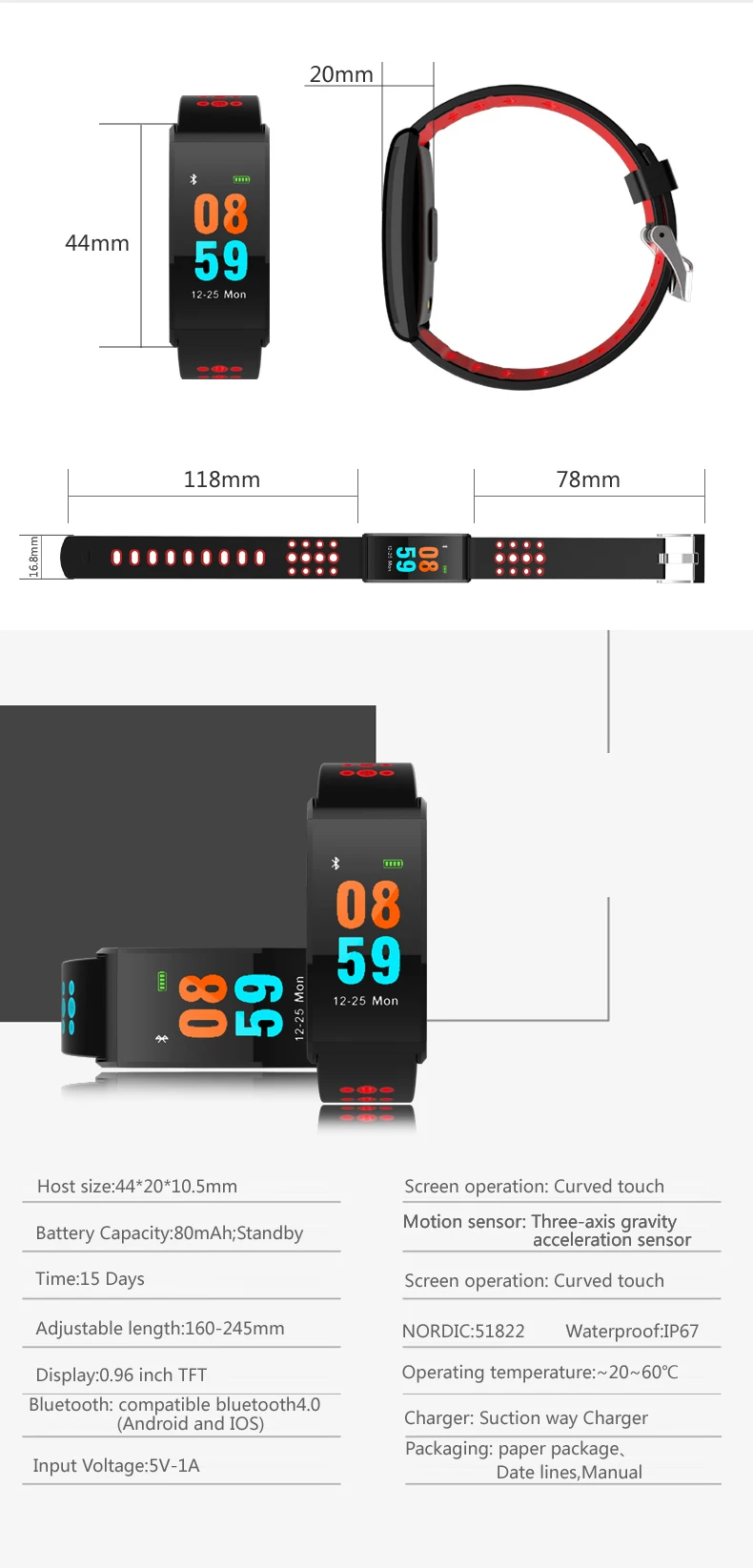 X20 ip68 waterproof digital smart bracelet with color display/heart rate/sleeping monitor sport band