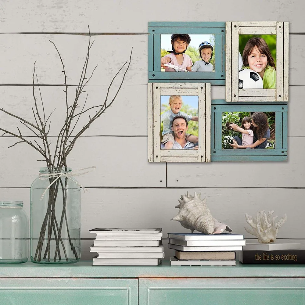 Rustic Three Picture Frame Holds Three 3x3 Photos,Hand Painted,Shabby