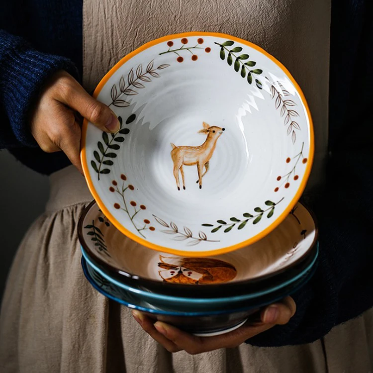 

Retro Japanese ceramic soup noodle bowl household salad bowl hand-painted forest animal bowl