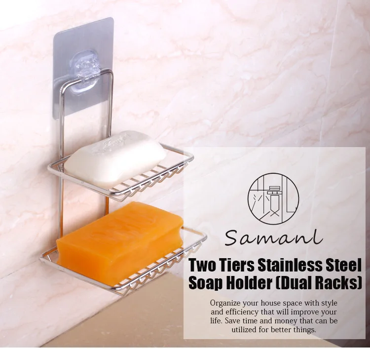 Double Layers Stainless Steel Shower Soap Box Holder Dish Storage Plate VHI 