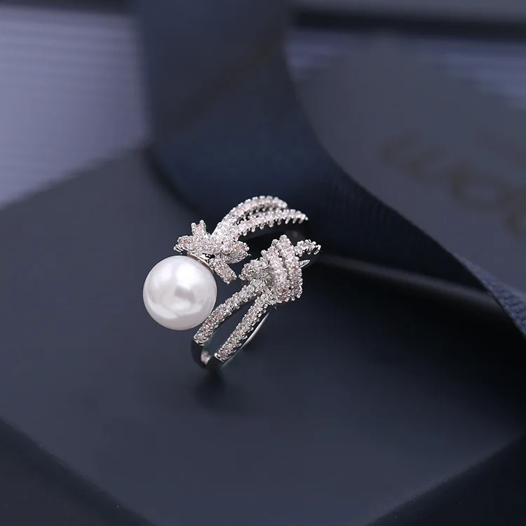 

Women Pearl Ring Design White Gold Plated Rhinestone Cubic Zircon Micro Pave Knot Adjustable Pearl Rings, Picture