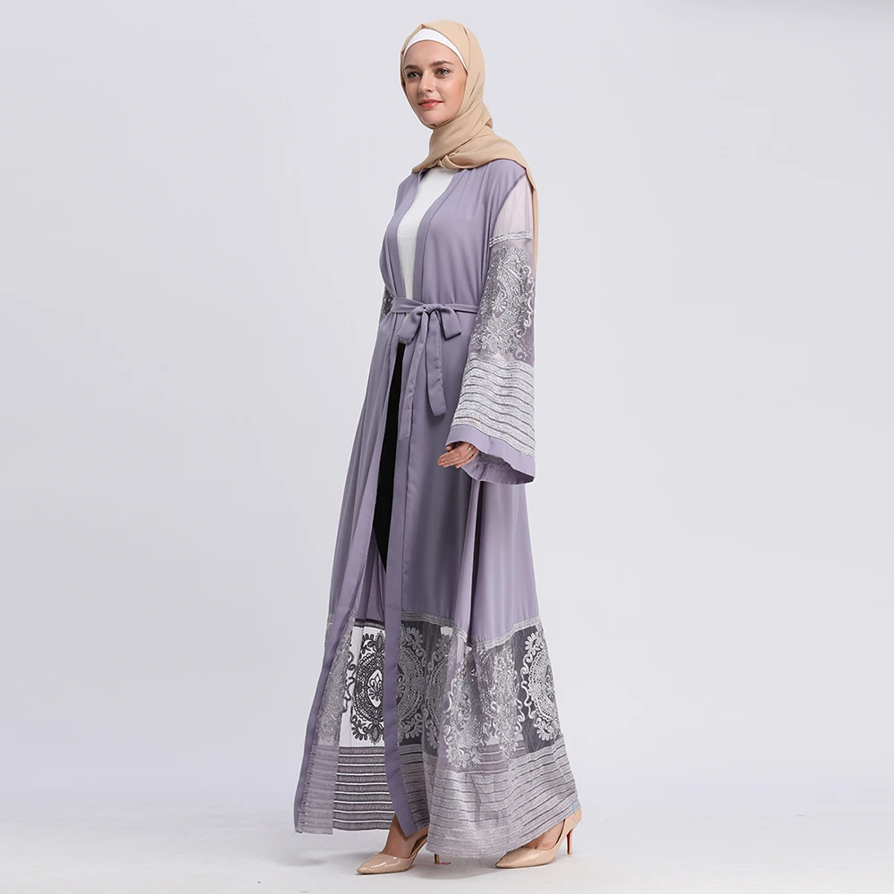 

wholesale new arrival high quality embroidery lace malaysia abaya open maxi islamic women clothing, Black;navy;gray;purple