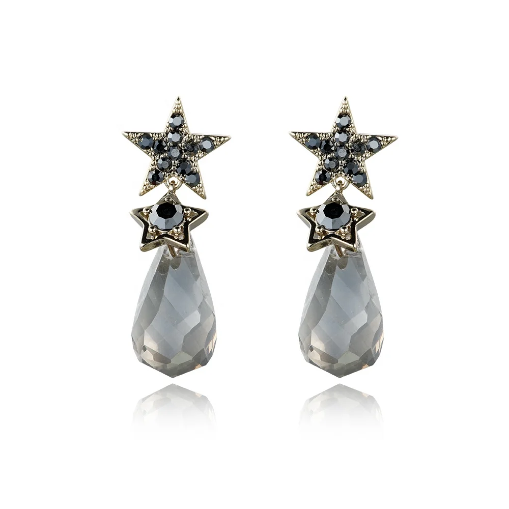 

Women star and teardrop shaped fashion earrings copper alloy crystal jewellery for women, Black